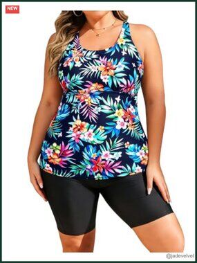 Plus Size Tankini Set with Tummy Control Shorts Pockets Tank Top Swimwear
